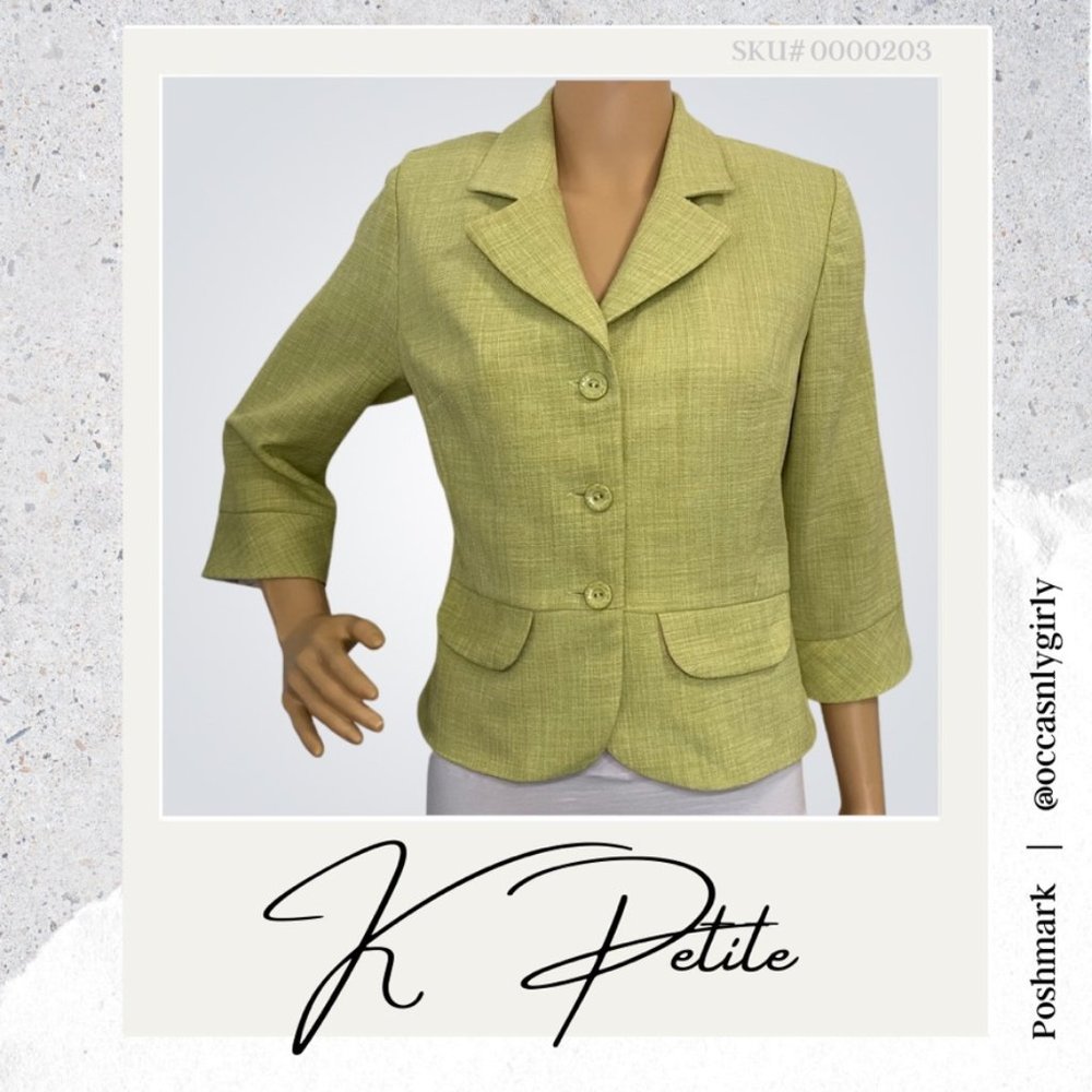 K Petite Chartreuse 3/4 Sleeve Blazer Floral Cuffs